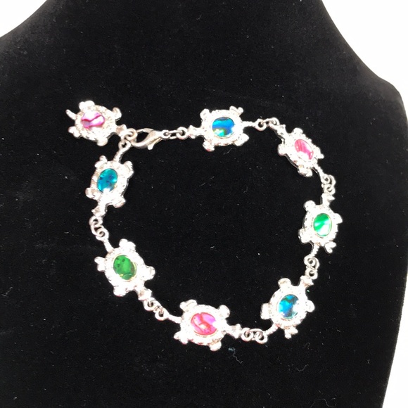 Silver Turtle Bracelet Multi Color Faux Stones - Picture 5 of 8